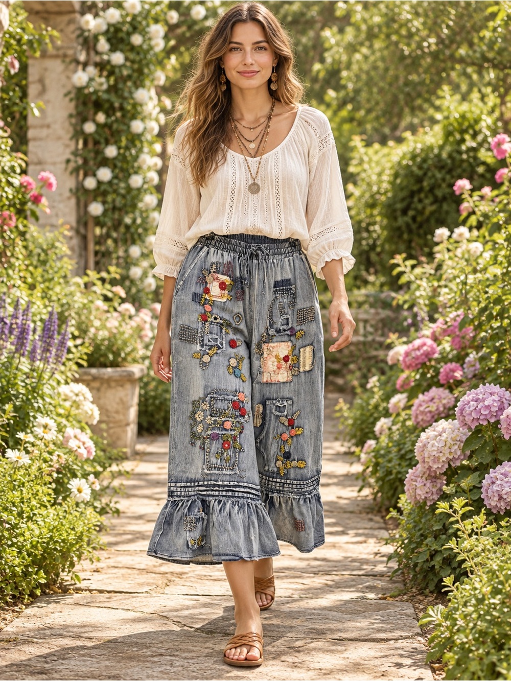 H034 NWT Blue Velvet M w14-20 Boho Embroidered Denim Ruffle Crop Pants - Blue
